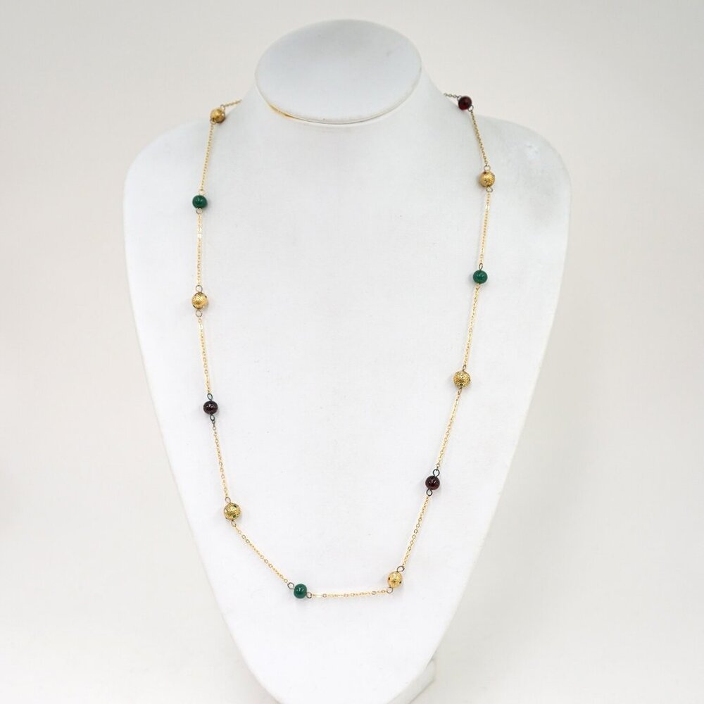 CHANEL CC Logo Red Green Gripoix Rhineston Necklace 29" Gold Tone Auth w/Box